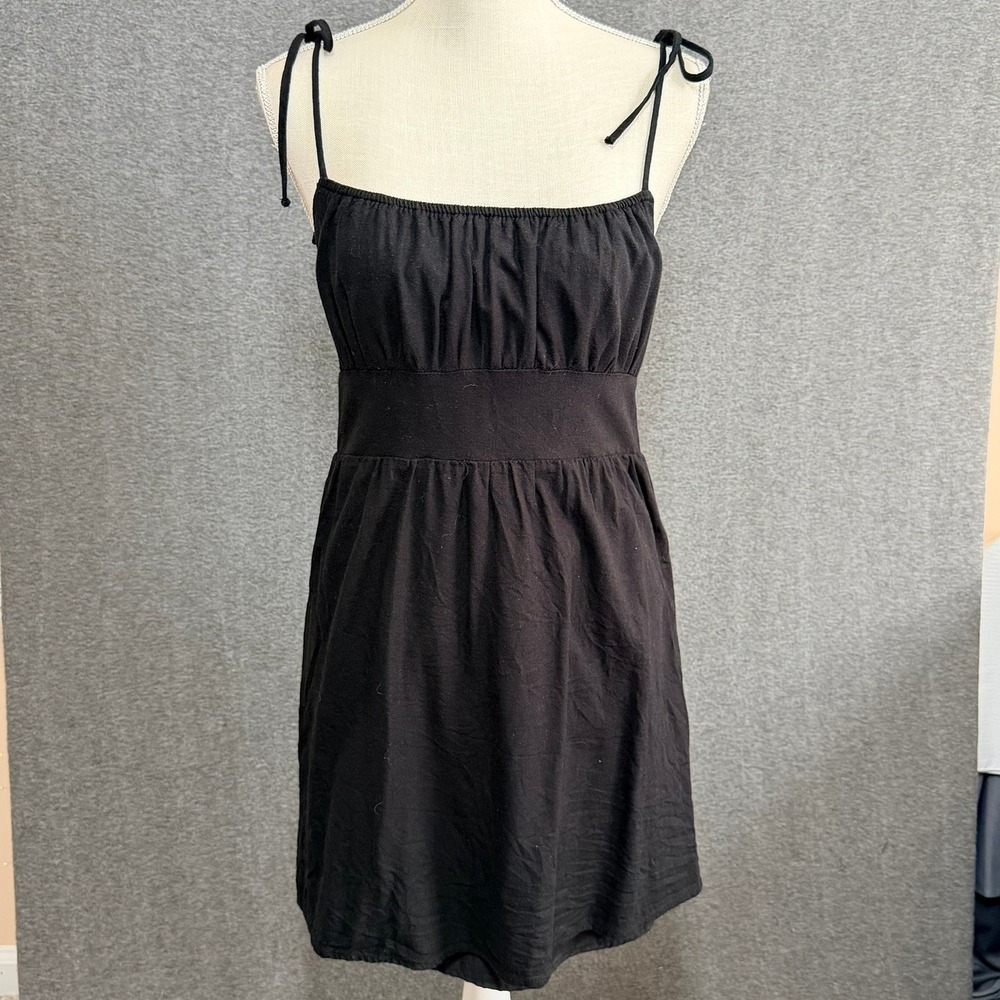 GB Women Black Mini Dress Sz M Linen Blend Tie Shoulder Cutout Back LBD Boho